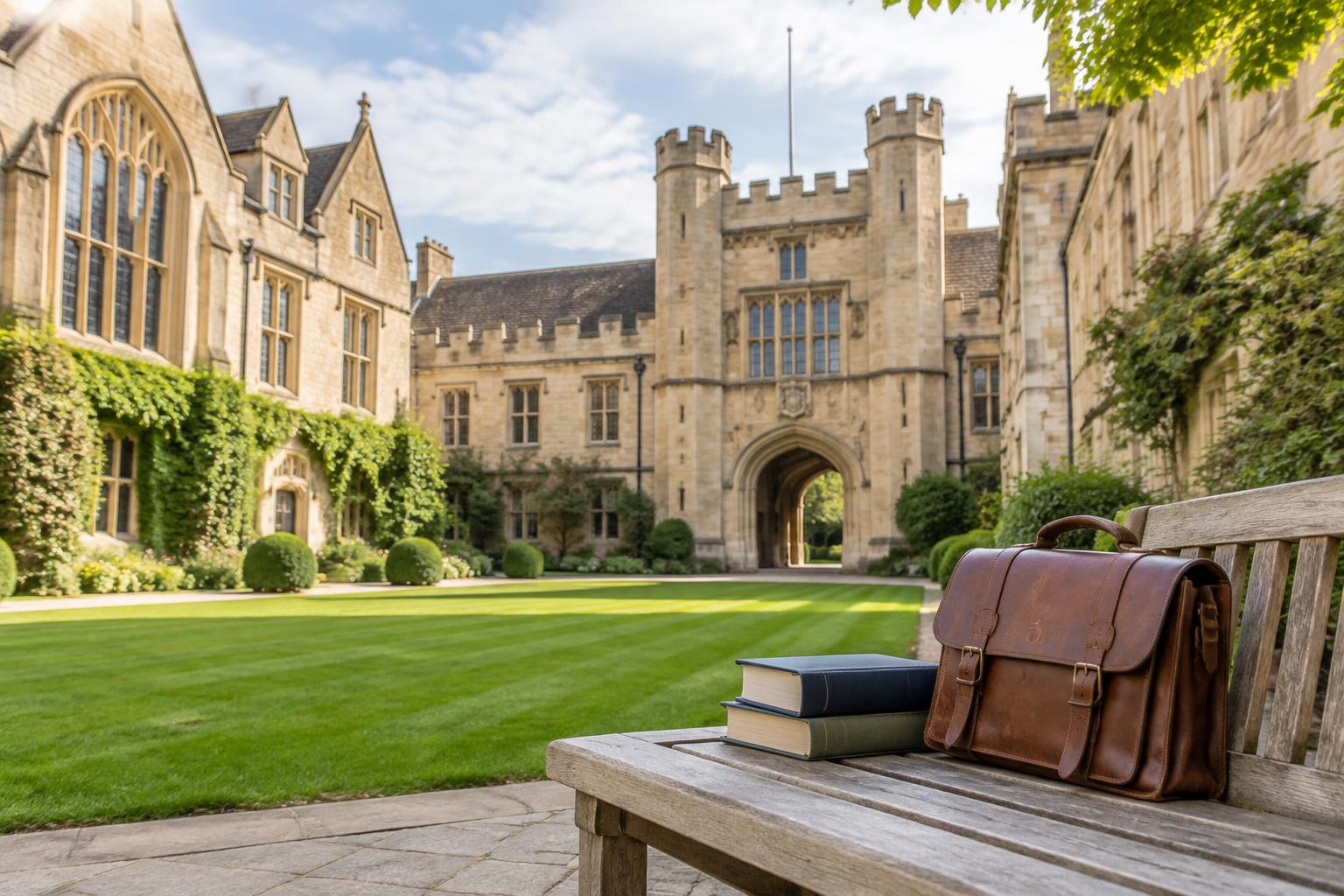 An historic British independent school courtyard with books and a leather satchel on a bench
